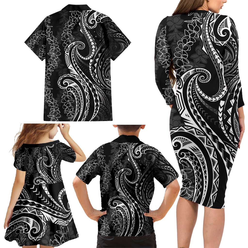 Polynesia Plumeria Lei Family Matching Long Sleeve Bodycon Dress and Hawaiian Shirt Black Curves Motif LT7 - Polynesian Pride