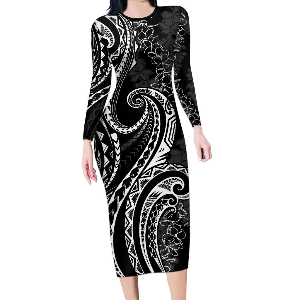 Polynesia Plumeria Lei Family Matching Long Sleeve Bodycon Dress and Hawaiian Shirt Black Curves Motif LT7 Mom's Dress Black - Polynesian Pride