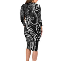 Polynesia Plumeria Lei Family Matching Long Sleeve Bodycon Dress and Hawaiian Shirt Black Curves Motif LT7 - Polynesian Pride