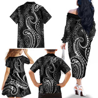 Polynesia Plumeria Lei Family Matching Off The Shoulder Long Sleeve Dress and Hawaiian Shirt Black Curves Motif LT7 - Polynesian Pride