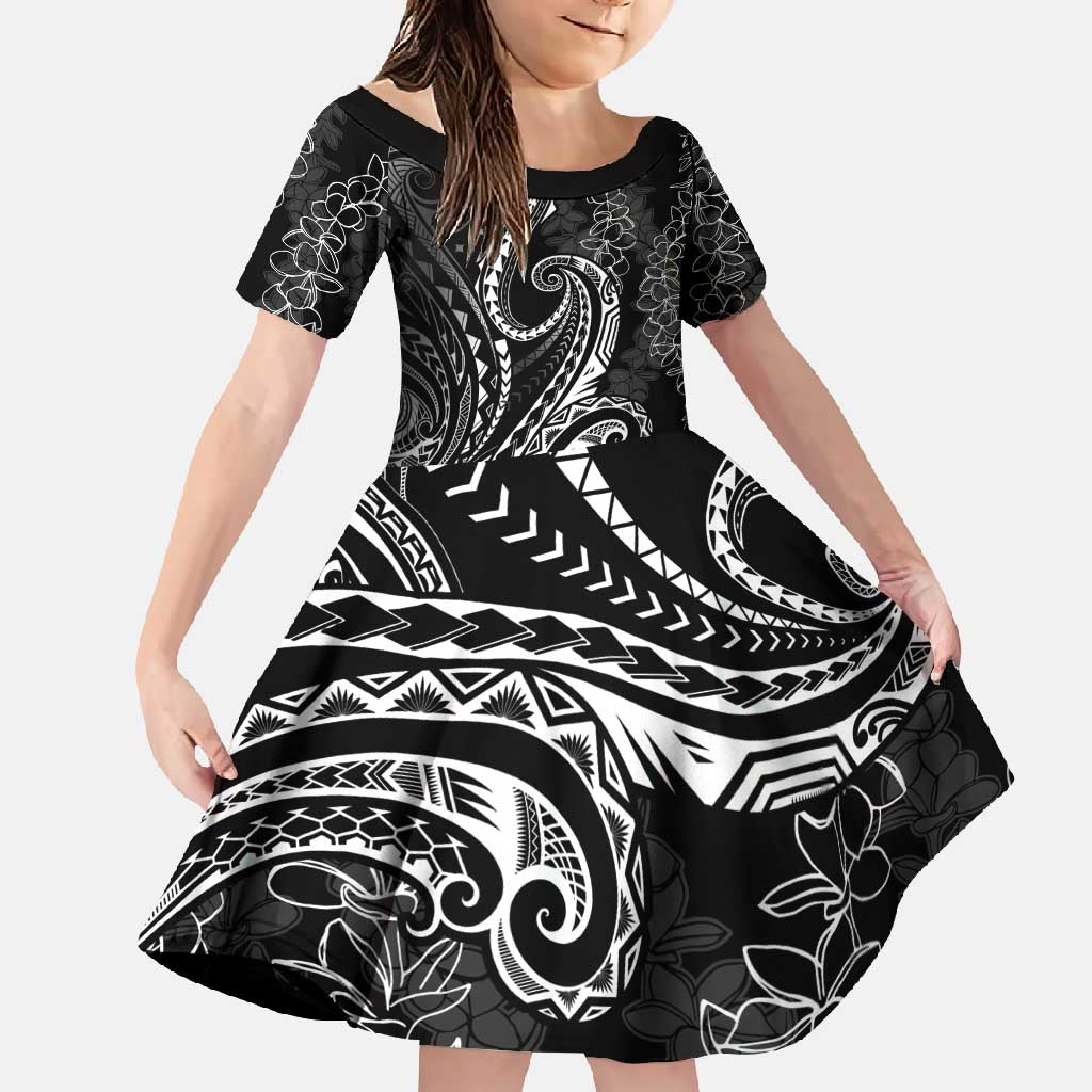 Polynesia Plumeria Lei Family Matching Off Shoulder Maxi Dress and Hawaiian Shirt Black Curves Motif