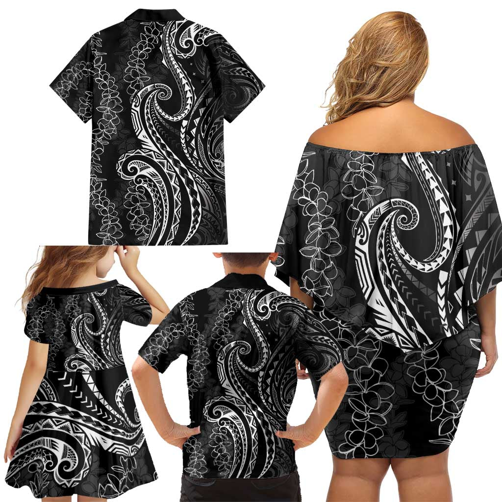 Polynesia Plumeria Lei Family Matching Off Shoulder Short Dress and Hawaiian Shirt Black Curves Motif LT7 - Polynesian Pride