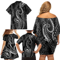 Polynesia Plumeria Lei Family Matching Off Shoulder Short Dress and Hawaiian Shirt Black Curves Motif LT7 - Polynesian Pride