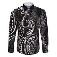Polynesia Plumeria Lei Family Matching Off Shoulder Short Dress and Hawaiian Shirt Black Curves Motif LT7 Dad's Shirt - Long Sleeve Black - Polynesian Pride