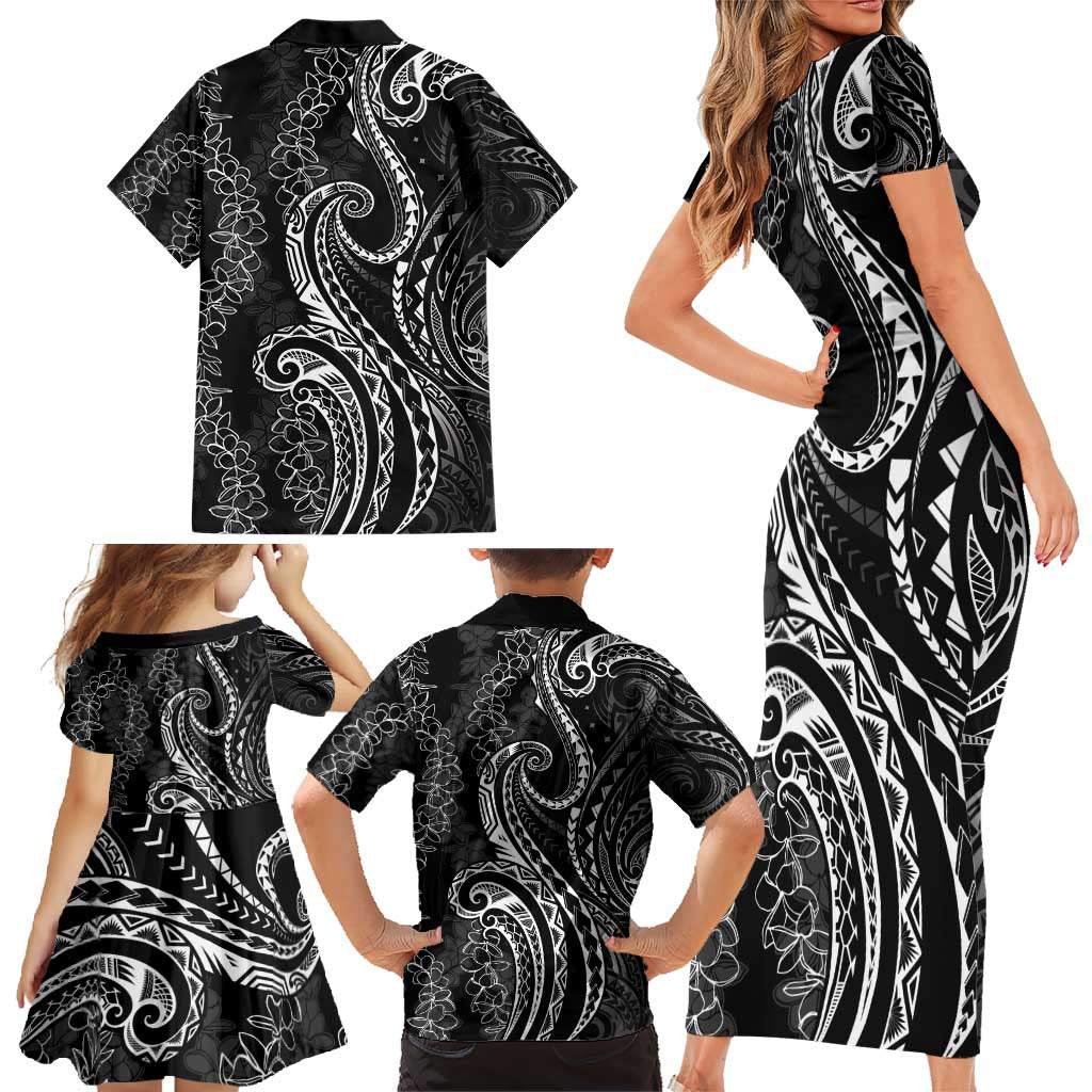 Polynesia Plumeria Lei Family Matching Short Sleeve Bodycon Dress and Hawaiian Shirt Black Curves Motif LT7 - Polynesian Pride