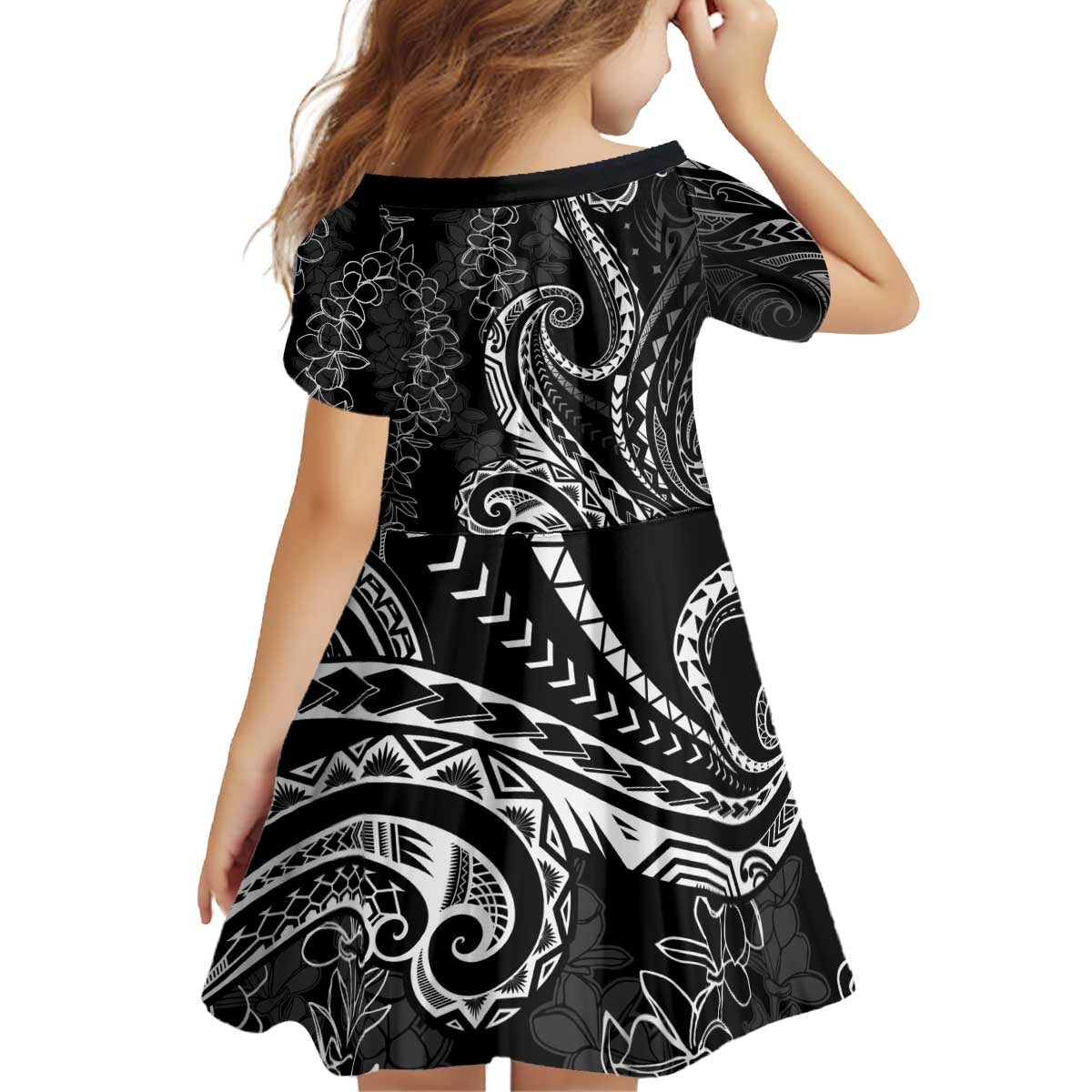 Polynesia Plumeria Lei Kid Short Sleeve Dress Black Curves Motif