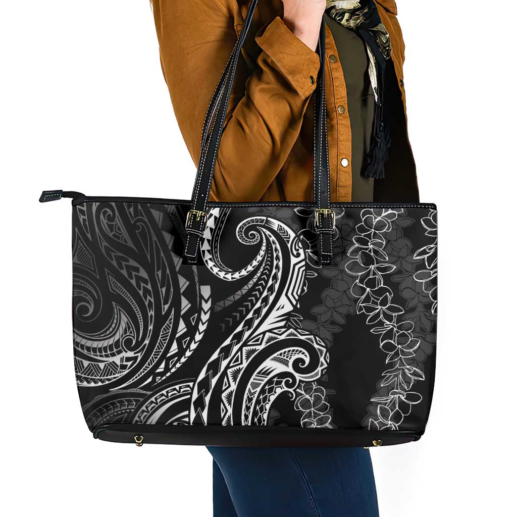 Polynesia Plumeria Lei Leather Tote Bag Black Curves Motif