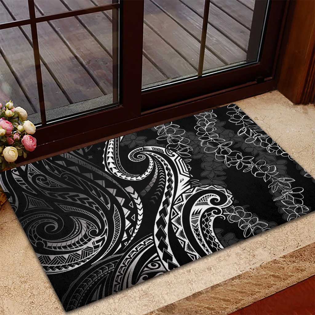 Polynesia Plumeria Lei Rubber Doormat Black Curves Motif