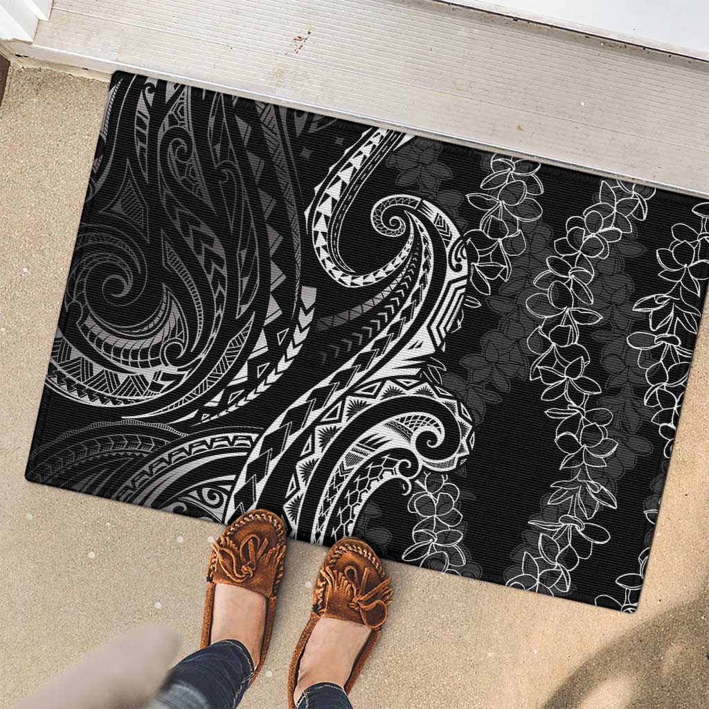 Polynesia Plumeria Lei Rubber Doormat Black Curves Motif