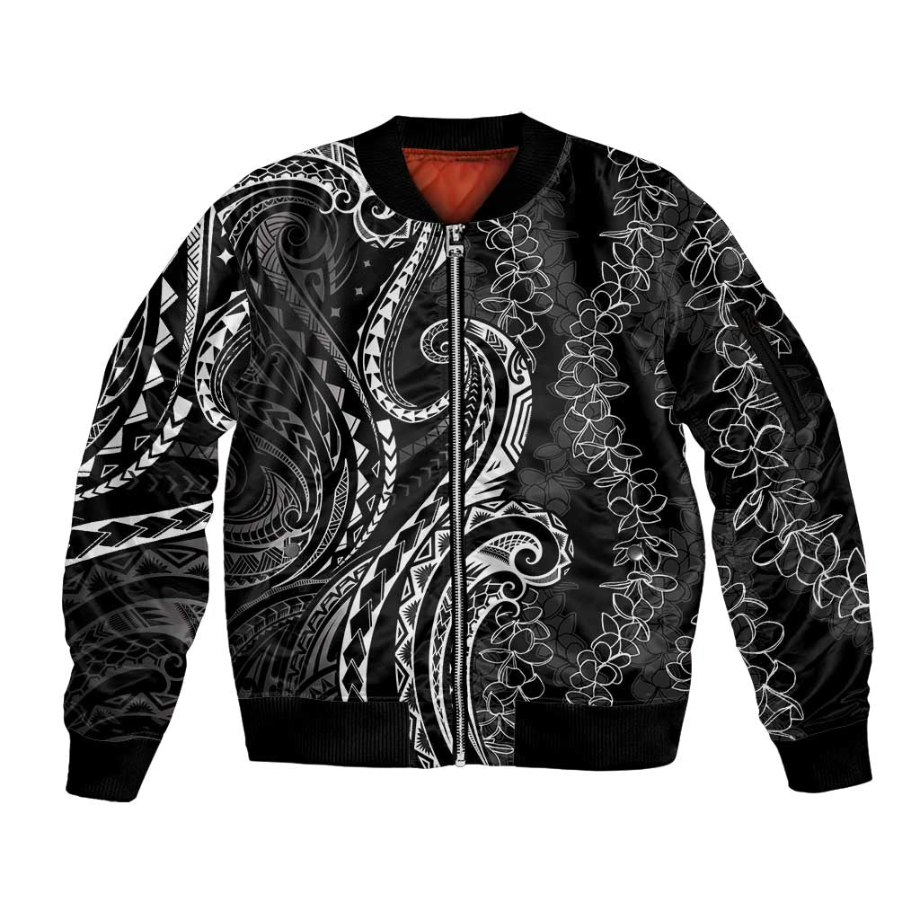 Polynesia Plumeria Lei Sleeve Zip Bomber Jacket Black Curves Motif
