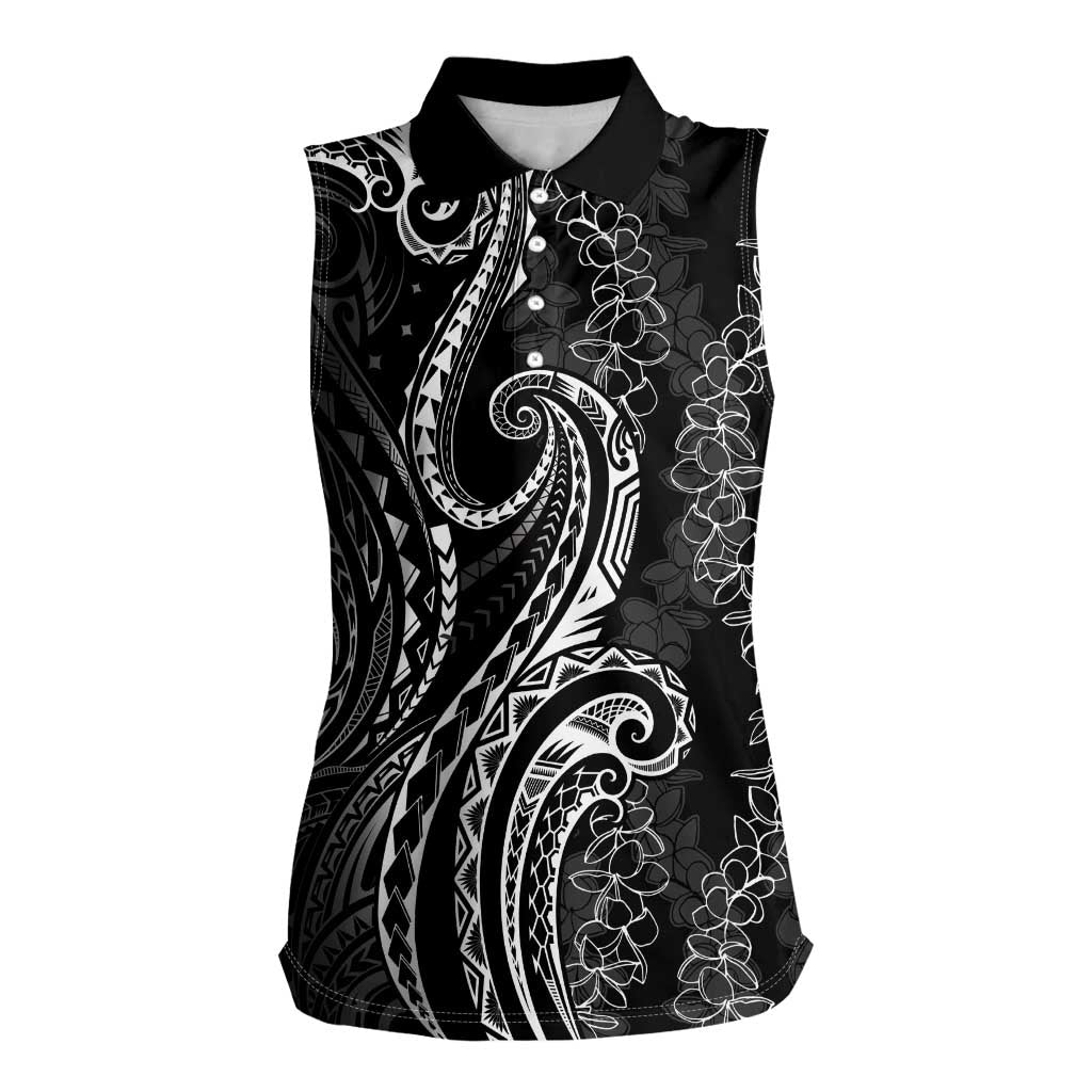 Polynesia Plumeria Lei Women Sleeveless Polo Shirt Black Curves Motif