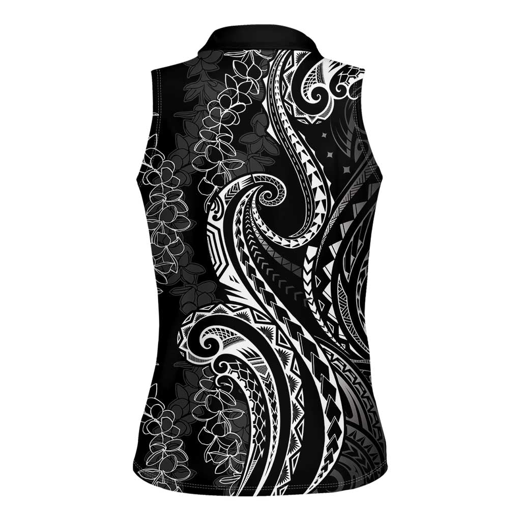 Polynesia Plumeria Lei Women Sleeveless Polo Shirt Black Curves Motif