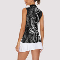 Polynesia Plumeria Lei Women Sleeveless Polo Shirt Black Curves Motif