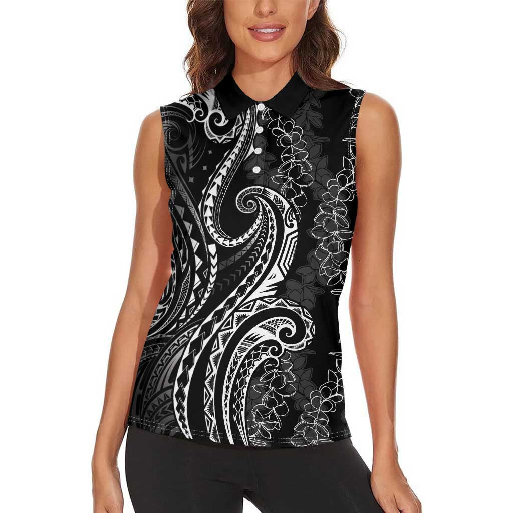 Polynesia Plumeria Lei Women Sleeveless Polo Shirt Black Curves Motif