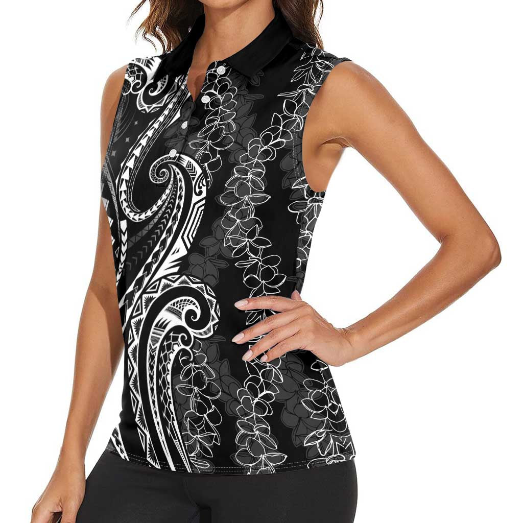 Polynesia Plumeria Lei Women Sleeveless Polo Shirt Black Curves Motif