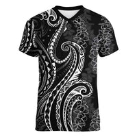 Polynesia Plumeria Lei Women V-Neck T-Shirt Black Curves Motif