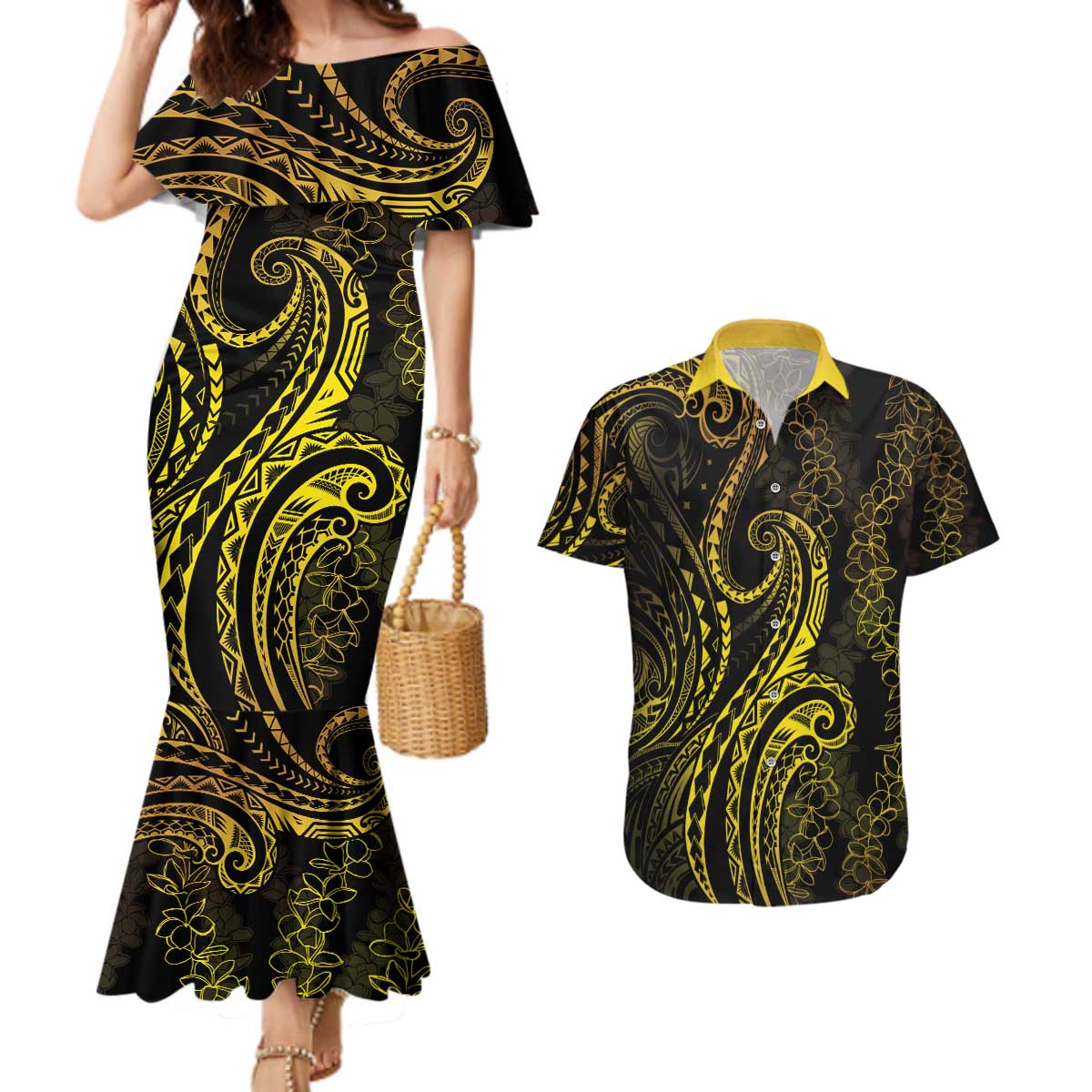 Polynesia Plumeria Lei Couples Matching Mermaid Dress and Hawaiian Shirt Black Gold Curves Motif