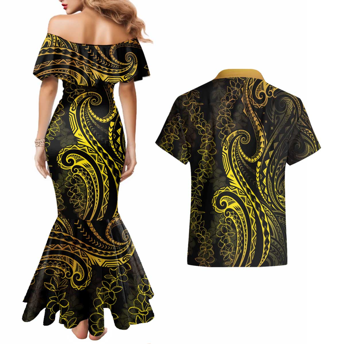 Polynesia Plumeria Lei Couples Matching Mermaid Dress and Hawaiian Shirt Black Gold Curves Motif