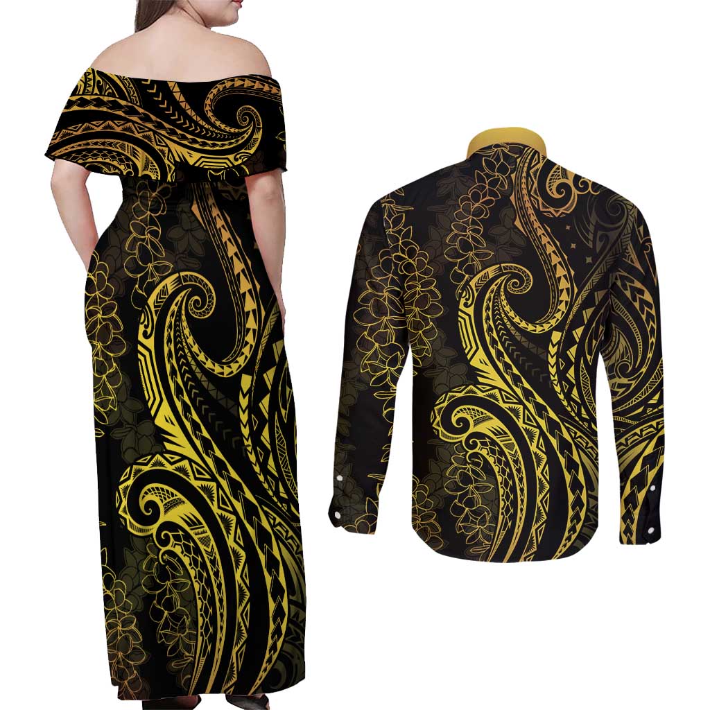 Polynesia Plumeria Lei Couples Matching Off Shoulder Maxi Dress and Long Sleeve Button Shirt Black Gold Curves Motif