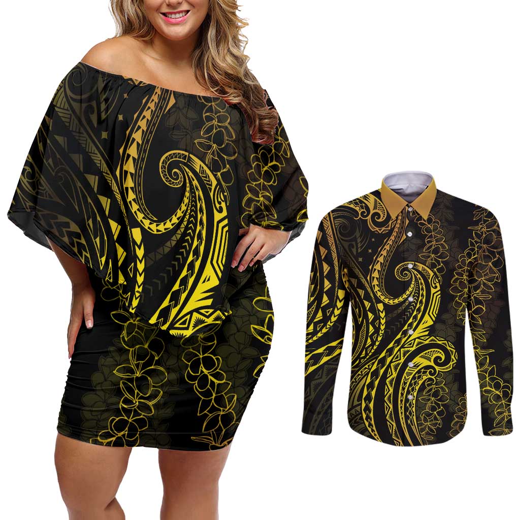 Polynesia Plumeria Lei Couples Matching Off Shoulder Short Dress and Long Sleeve Button Shirt Black Gold Curves Motif
