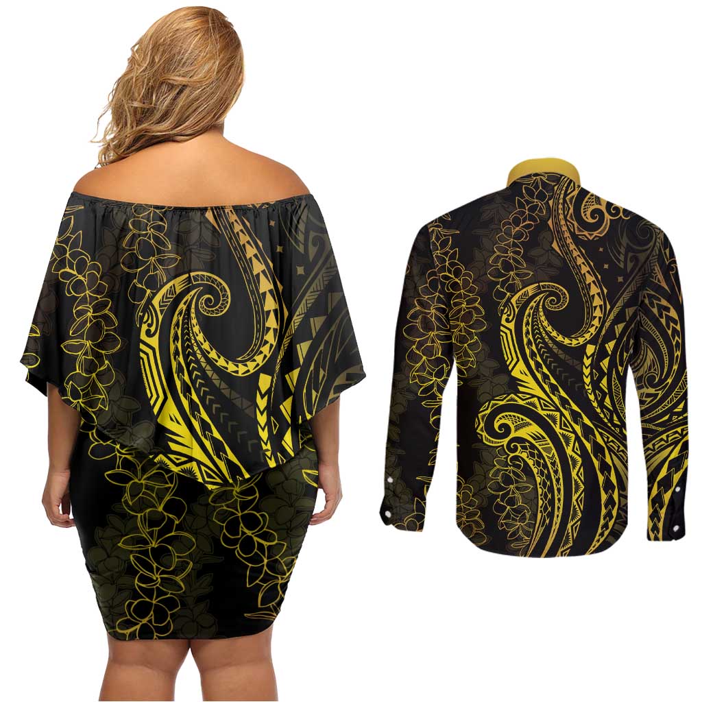 Polynesia Plumeria Lei Couples Matching Off Shoulder Short Dress and Long Sleeve Button Shirt Black Gold Curves Motif