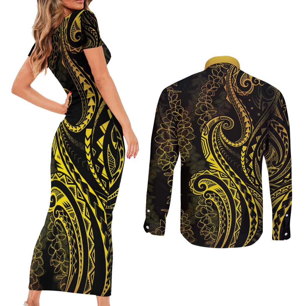 Polynesia Plumeria Lei Couples Matching Short Sleeve Bodycon Dress and Long Sleeve Button Shirt Black Gold Curves Motif
