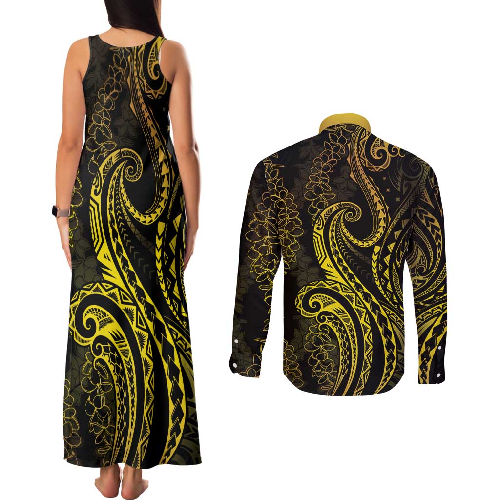 Polynesia Plumeria Lei Couples Matching Tank Maxi Dress and Long Sleeve Button Shirt Black Gold Curves Motif