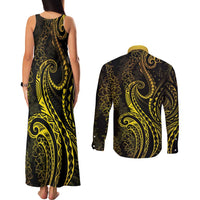 Polynesia Plumeria Lei Couples Matching Tank Maxi Dress and Long Sleeve Button Shirt Black Gold Curves Motif