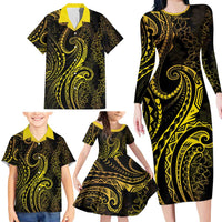Polynesia Plumeria Lei Family Matching Long Sleeve Bodycon Dress and Hawaiian Shirt Black Gold Curves Motif LT7 - Polynesian Pride