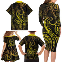 Polynesia Plumeria Lei Family Matching Long Sleeve Bodycon Dress and Hawaiian Shirt Black Gold Curves Motif LT7 - Polynesian Pride