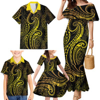 Polynesia Plumeria Lei Family Matching Mermaid Dress and Hawaiian Shirt Black Gold Curves Motif LT7 - Polynesian Pride
