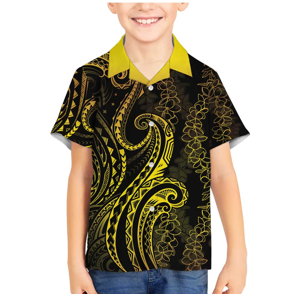 Polynesia Plumeria Lei Family Matching Mermaid Dress and Hawaiian Shirt Black Gold Curves Motif LT7 Son's Shirt Gold - Polynesian Pride