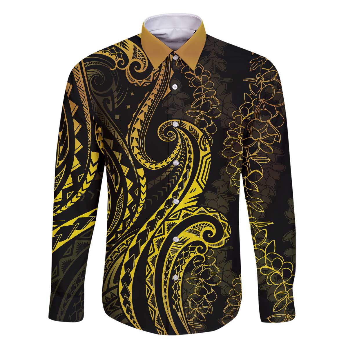 Polynesia Plumeria Lei Family Matching Off The Shoulder Long Sleeve Dress and Hawaiian Shirt Black Gold Curves Motif LT7 Dad's Shirt - Long Sleeve Gold - Polynesian Pride