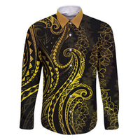 Polynesia Plumeria Lei Family Matching Off The Shoulder Long Sleeve Dress and Hawaiian Shirt Black Gold Curves Motif LT7 Dad's Shirt - Long Sleeve Gold - Polynesian Pride