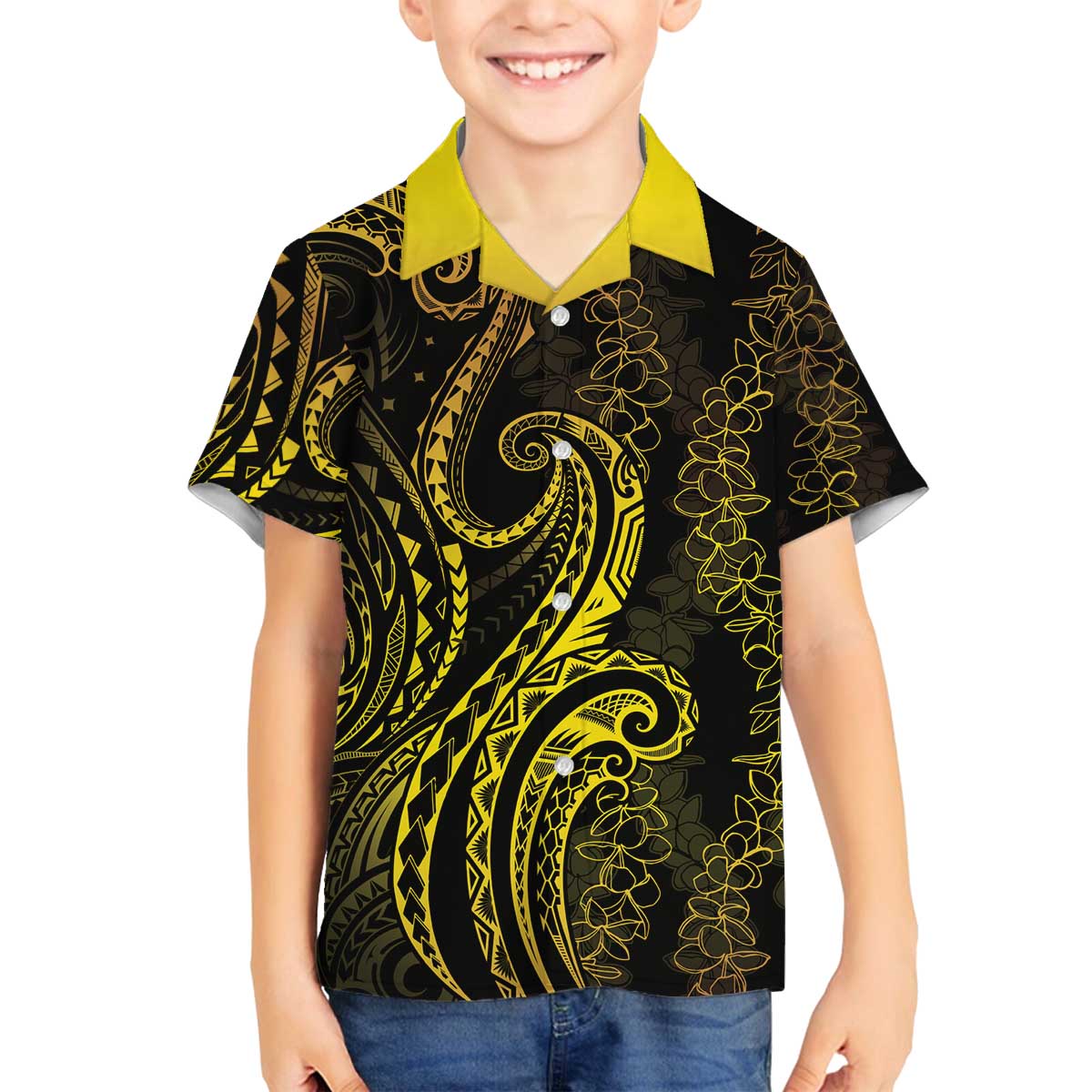 Polynesia Plumeria Lei Family Matching Off The Shoulder Long Sleeve Dress and Hawaiian Shirt Black Gold Curves Motif LT7 Son's Shirt Gold - Polynesian Pride