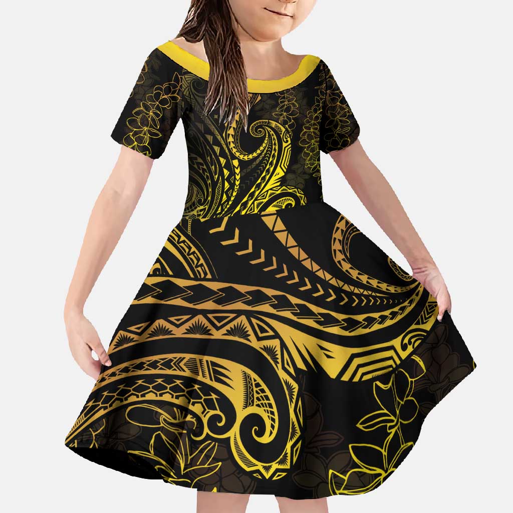 Polynesia Plumeria Lei Family Matching Off Shoulder Maxi Dress and Hawaiian Shirt Black Gold Curves Motif LT7 Daughter's Dress Gold - Polynesian Pride