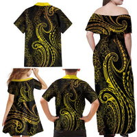 Polynesia Plumeria Lei Family Matching Off Shoulder Maxi Dress and Hawaiian Shirt Black Gold Curves Motif LT7 - Polynesian Pride