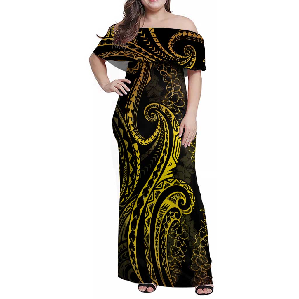 Polynesia Plumeria Lei Family Matching Off Shoulder Maxi Dress and Hawaiian Shirt Black Gold Curves Motif LT7 Mom's Dress Gold - Polynesian Pride