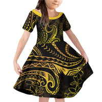 Polynesia Plumeria Lei Family Matching Off Shoulder Short Dress and Hawaiian Shirt Black Gold Curves Motif LT7 Daughter's Dress Gold - Polynesian Pride