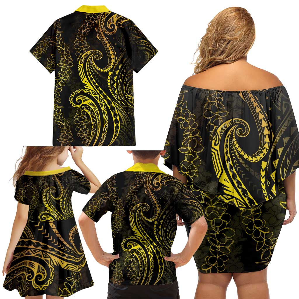 Polynesia Plumeria Lei Family Matching Off Shoulder Short Dress and Hawaiian Shirt Black Gold Curves Motif LT7 - Polynesian Pride
