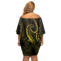 Polynesia Plumeria Lei Family Matching Off Shoulder Short Dress and Hawaiian Shirt Black Gold Curves Motif LT7 - Polynesian Pride