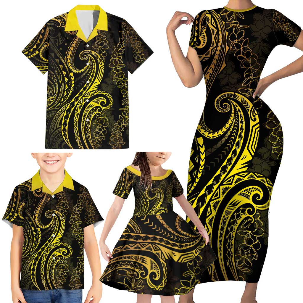 Polynesia Plumeria Lei Family Matching Short Sleeve Bodycon Dress and Hawaiian Shirt Black Gold Curves Motif LT7 - Polynesian Pride