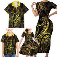 Polynesia Plumeria Lei Family Matching Short Sleeve Bodycon Dress and Hawaiian Shirt Black Gold Curves Motif LT7 - Polynesian Pride