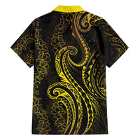 Polynesia Plumeria Lei Family Matching Short Sleeve Bodycon Dress and Hawaiian Shirt Black Gold Curves Motif LT7 - Polynesian Pride