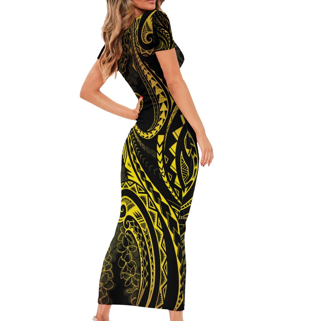 Polynesia Plumeria Lei Family Matching Short Sleeve Bodycon Dress and Hawaiian Shirt Black Gold Curves Motif LT7 - Polynesian Pride