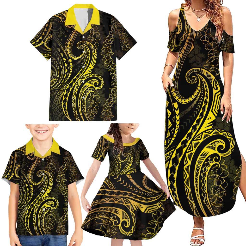 Polynesia Plumeria Lei Family Matching Summer Maxi Dress and Hawaiian Shirt Black Gold Curves Motif LT7 - Polynesian Pride