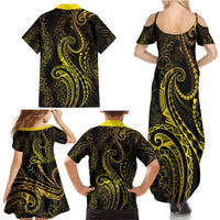 Polynesia Plumeria Lei Family Matching Summer Maxi Dress and Hawaiian Shirt Black Gold Curves Motif LT7 - Polynesian Pride
