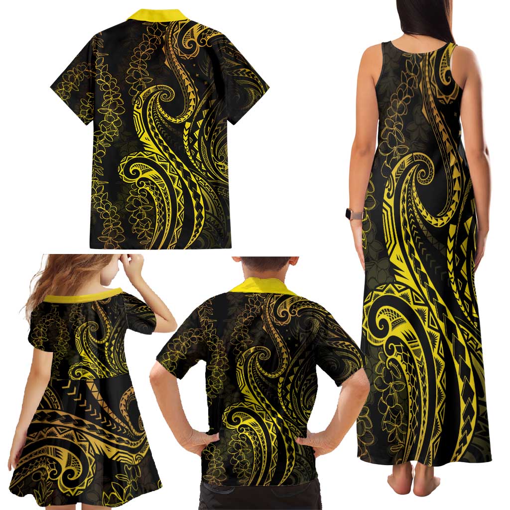 Polynesia Plumeria Lei Family Matching Tank Maxi Dress and Hawaiian Shirt Black Gold Curves Motif LT7 - Polynesian Pride