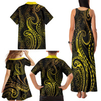 Polynesia Plumeria Lei Family Matching Tank Maxi Dress and Hawaiian Shirt Black Gold Curves Motif LT7 - Polynesian Pride