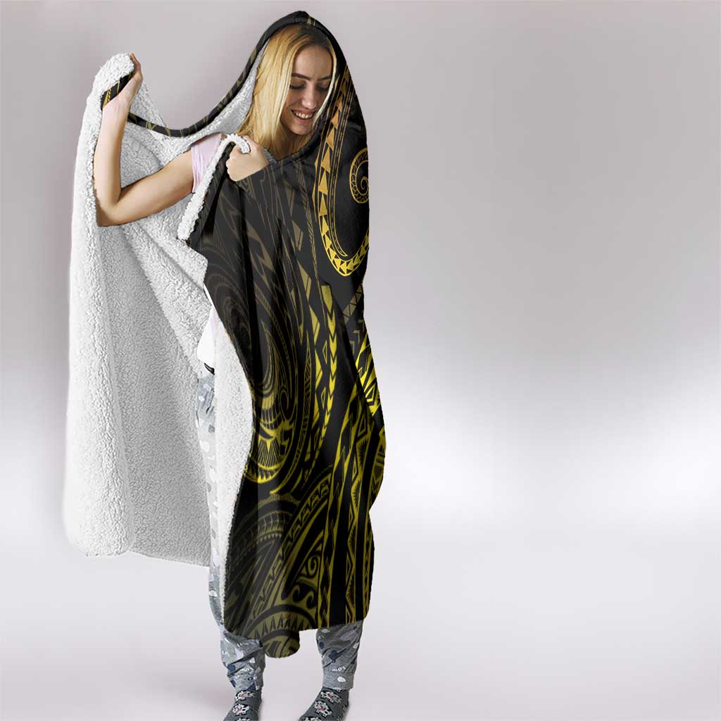 Polynesia Plumeria Lei Hooded Blanket Black Gold Curves Motif